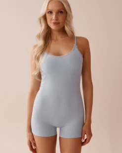 la Vie en Rose Modal Pajamas>Ribbed Modal and Lace Trim Sleeveless Romper Cool Blue