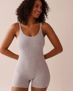 la Vie en Rose Modal Pajamas>Ribbed Modal and Lace Trim Sleeveless Romper Grey