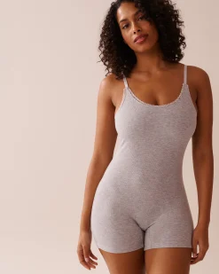 la Vie en Rose Modal Pajamas></noscript>Ribbed Modal and Lace Trim Sleeveless Romper Grey