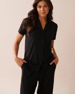 la Vie en Rose Modal Pajamas|Tops>Ribbed Modal Button-down Shirt Black