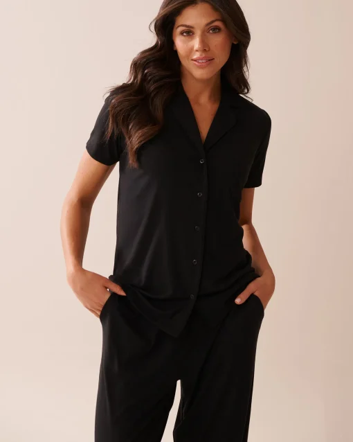 la Vie en Rose Modal Pajamas|Tops>Ribbed Modal Button-down Shirt Black