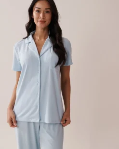 la Vie en Rose Modal Pajamas|Tops>Ribbed Modal Button-down Shirt Cool Blue