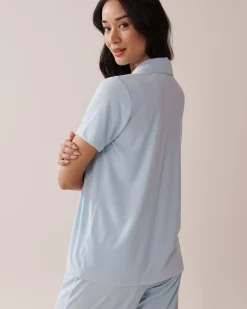 la Vie en Rose Modal Pajamas|Tops>Ribbed Modal Button-down Shirt Cool Blue