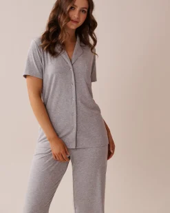 la Vie en Rose Modal Pajamas|Tops></noscript>Ribbed Modal Button-down Shirt Grey