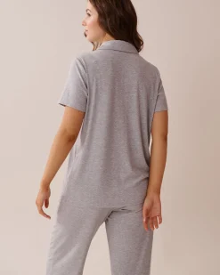la Vie en Rose Modal Pajamas|Tops></noscript>Ribbed Modal Button-down Shirt Grey