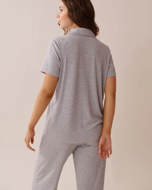 la Vie en Rose Modal Pajamas|Tops>Ribbed Modal Button-down Shirt Grey