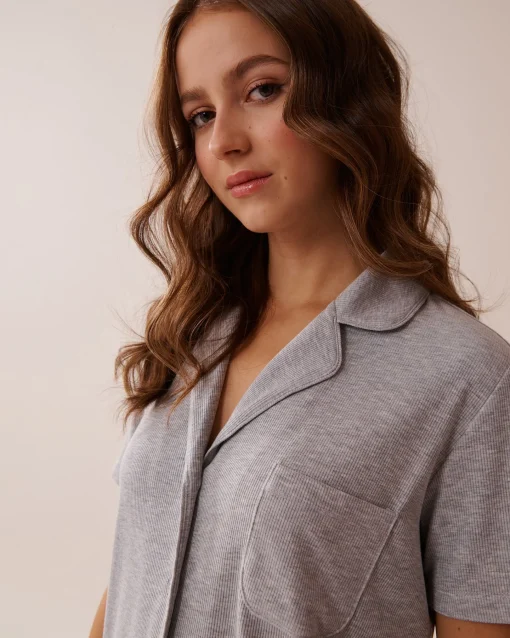 la Vie en Rose Modal Pajamas|Tops>Ribbed Modal Button-down Shirt Grey
