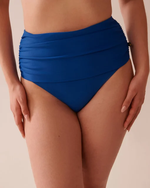 la Vie en Rose A Splashing Escape|Eco-conscious Swimwear>Recycled Fibers Draped High Waist Bikini Bottom Royal Blue