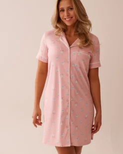 la Vie en Rose The Peachy Dream Collection|Nightshirts>Seagull Print Super Soft Button-down Sleepshirt Pink/Seagull