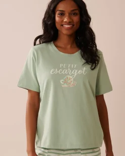 la Vie en Rose Cotton Pajamas|Tops>Snail Print Crew Neck Cotton T-shirt Frosty Green