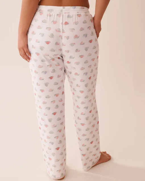 la Vie en Rose The Peachy Dream Collection|Bottoms>Snail Print Lace Trim Super Soft Pajama Pants White/Snail