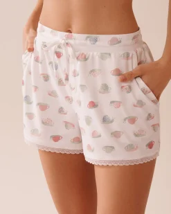 la Vie en Rose The Peachy Dream Collection|Bottoms>Snail Print Lace Trim Super Soft Pajama Shorts White/Snail