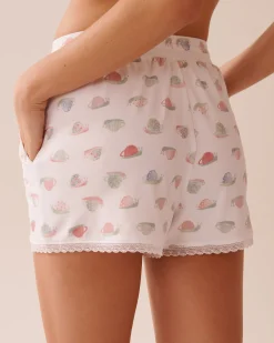 la Vie en Rose The Peachy Dream Collection|Bottoms>Snail Print Lace Trim Super Soft Pajama Shorts White/Snail