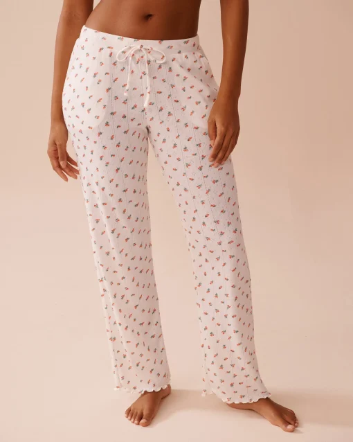 la Vie en Rose Bottoms>Strawberry Print Lettuce Edge Pointelle Pajama Pants White/Strawberries