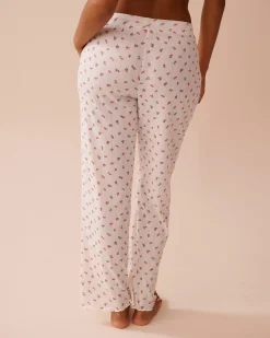la Vie en Rose Bottoms>Strawberry Print Lettuce Edge Pointelle Pajama Pants White/Strawberries