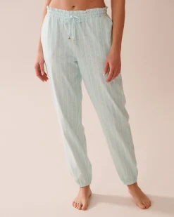 la Vie en Rose Cotton Pajamas|Bottoms>Stripe Print Cotton Jogger Pajama Pants Aqua Blue Stripe