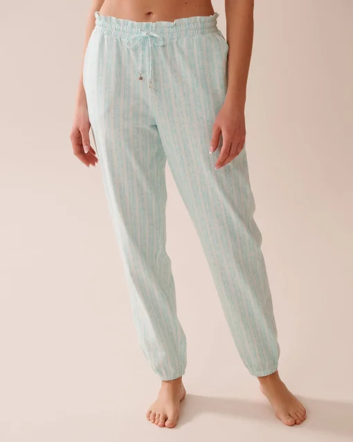 la Vie en Rose Cotton Pajamas|Bottoms>Stripe Print Cotton Jogger Pajama Pants Aqua Blue Stripe