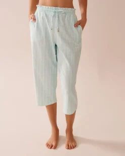la Vie en Rose Cotton Pajamas|Bottoms></noscript>Stripe Print Cotton Pajama Capris Aqua Blue Stripe