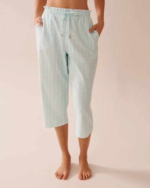 la Vie en Rose Cotton Pajamas|Bottoms>Stripe Print Cotton Pajama Capris Aqua Blue Stripe