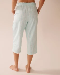 la Vie en Rose Cotton Pajamas|Bottoms></noscript>Stripe Print Cotton Pajama Capris Aqua Blue Stripe