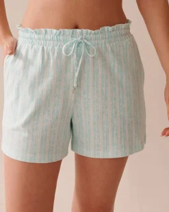 la Vie en Rose Cotton Pajamas|Bottoms>Stripe Print Cotton Pajama Shorts Aqua Blue Stripe