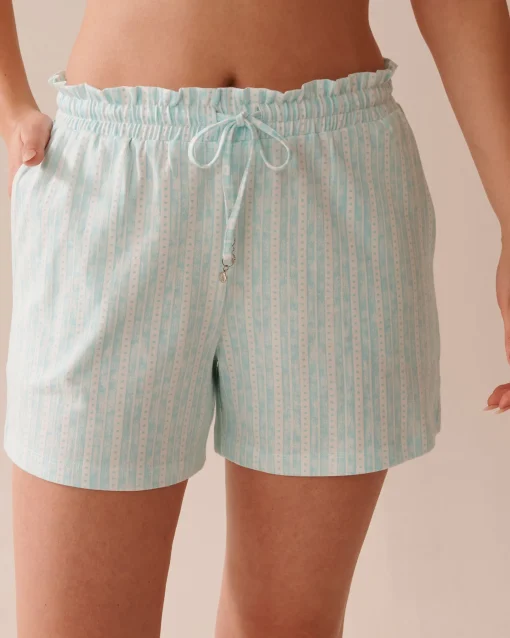 la Vie en Rose Cotton Pajamas|Bottoms>Stripe Print Cotton Pajama Shorts Aqua Blue Stripe