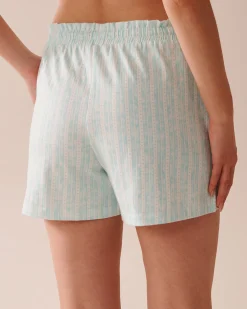 la Vie en Rose Cotton Pajamas|Bottoms>Stripe Print Cotton Pajama Shorts Aqua Blue Stripe