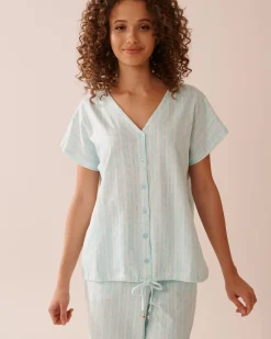 la Vie en Rose Cotton Pajamas|Tops>Stripe Print Cotton T-shirt Aqua Blue Stripe