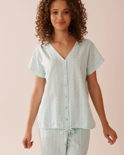 la Vie en Rose Cotton Pajamas|Tops>Stripe Print Cotton T-shirt Aqua Blue Stripe