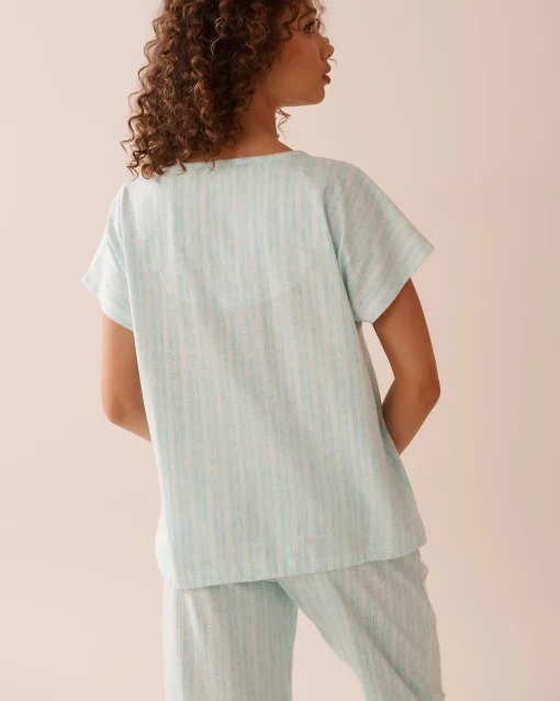la Vie en Rose Cotton Pajamas|Tops>Stripe Print Cotton T-shirt Aqua Blue Stripe