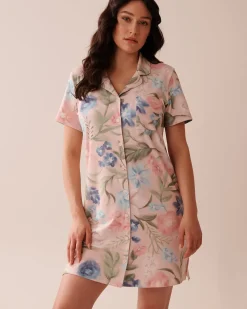 la Vie en Rose The Peachy Dream Collection|Nightshirts>Watercolor Flower Print Super Soft Button-down Sleepshirt Watercolour Flowers